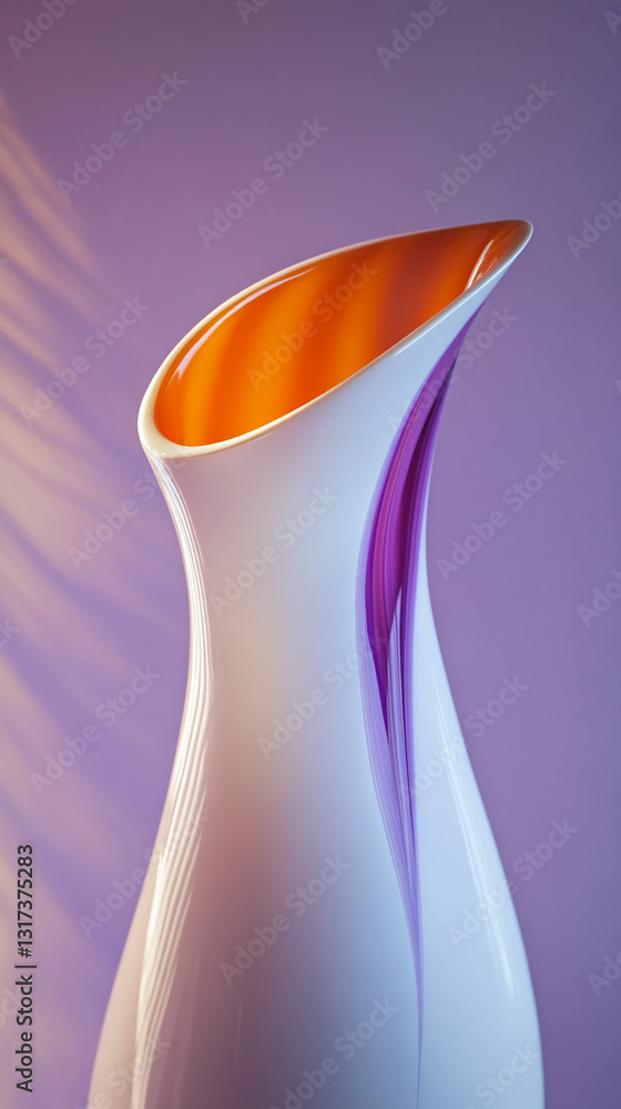 Poster close-up of elegant white vase with orange and purple accents showcasing smooth curves and subtle li