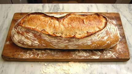 Crusty sourdough bread loaf on wooden board.
