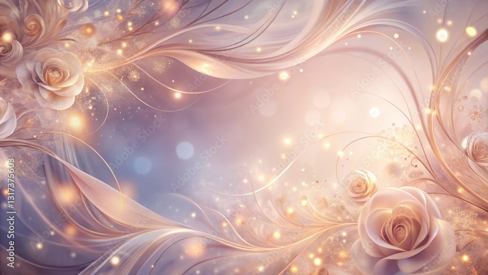 Poster abstract floral background with soft, flowing lines and delicate roses, adorned with shimmering gold