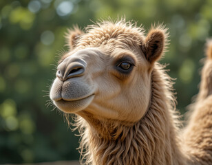 A camel with fluffy fur and friendly eyes against the background of a desert landscape. The bright sky and warm sun create a calm atmosphere.