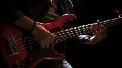 Fototapeta premium Passionate Bassist Playing a Red Electric Bass Guitar in Dramatic Low Light