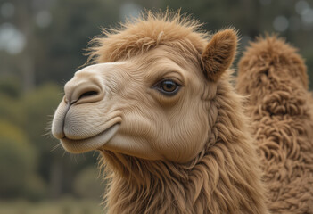 Fototapeta premium A camel with fluffy fur and friendly eyes against the background of a desert landscape. The bright sky and warm sun create a calm atmosphere.