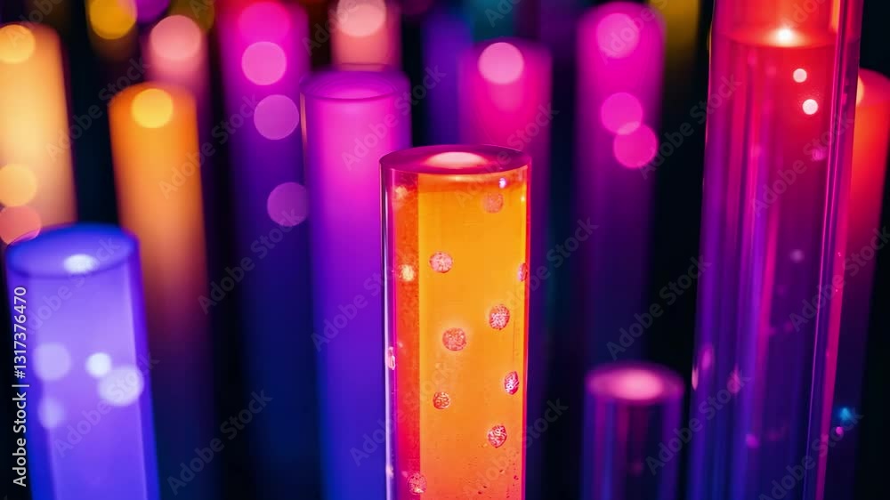 Poster colorful abstract glowing bars with bokeh effects create a vibrant light display in a dark setting, 