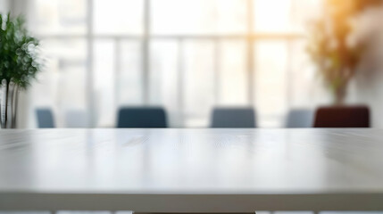 White Desk In Focus Blurred Modern Office Background With Sunlight