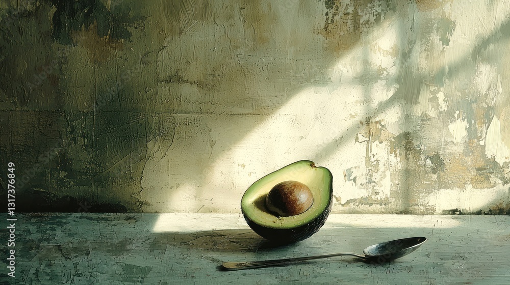Poster halved avocado with pit and spoon on rustic surface.