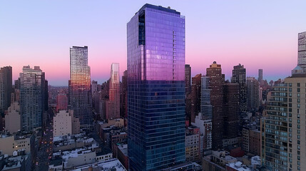 Fototapeta premium Cityscape sunset view, modern skyscraper, urban architecture, winter twilight, aerial shot