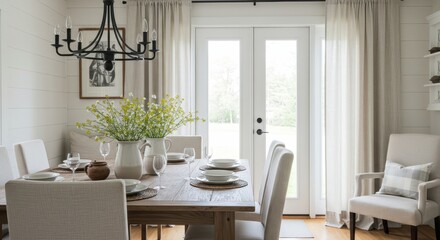 Inviting Dining Room with Wooden Table Setting and Natural Light