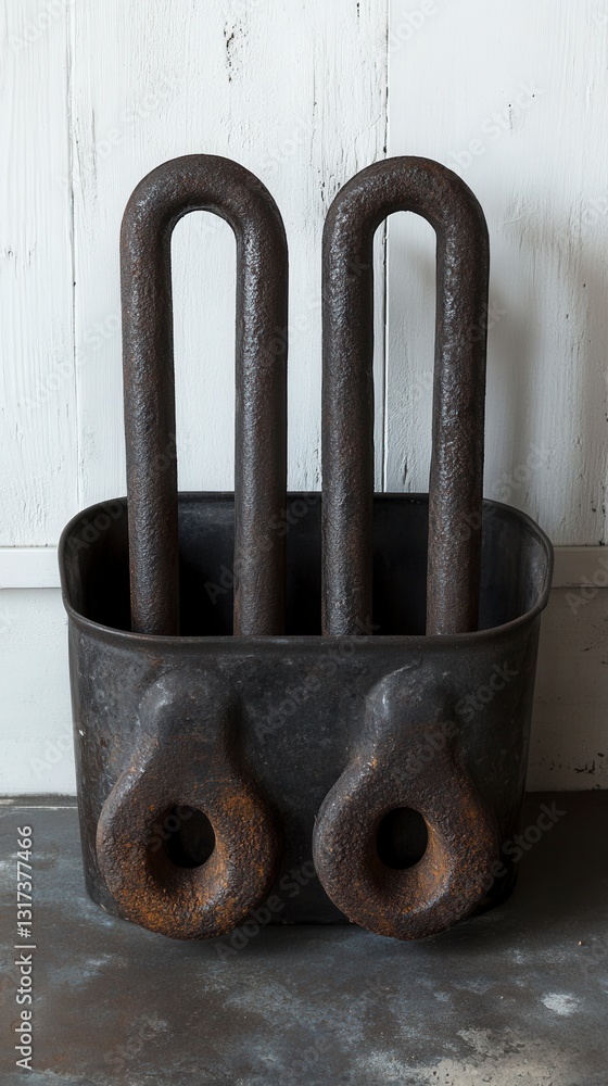 Poster rustic dark brown metal object with two curved tubes, contained in a square container with round pro