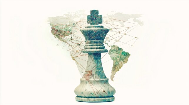 visually striking double exposure of a queen chess piece overlaid with a network of global connections, symbolizing powerful influence in international business. Copy space. [Chess Pieces]:[Business 