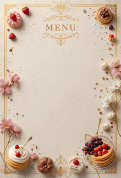 The flat layout of a variety of desserts, including cream and fruit tartlets, cupcakes and cookies, creates an appetizing look.place for text,menu