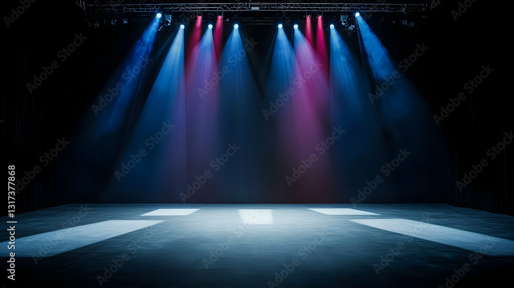 Poster illuminated empty stage with red and blue spotlights in a dark theater setting for a dramatic perfor