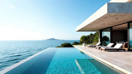 Fototapeta premium Modern luxury villa with an infinity pool overlooking the ocean, featuring minimalist architecture and sun loungers. Real estate, travel, vacation, and high-end lifestyle concepts. Copy space.