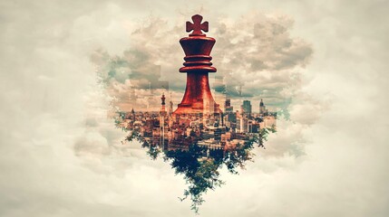 double exposure image of a knight chess piece blending into a brainstorming session, symbolizing unconventional strategies in business planning. Copy space. [Chess Pieces]:[Business Battle] 