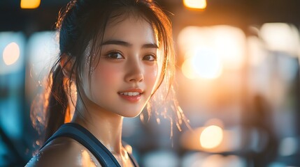 Fototapeta premium A young Asian woman in a fitness club, running on a treadmill, her face glowing with confidence and determination, sweat trickling down her temple, gym lights casting dramatic highlights,