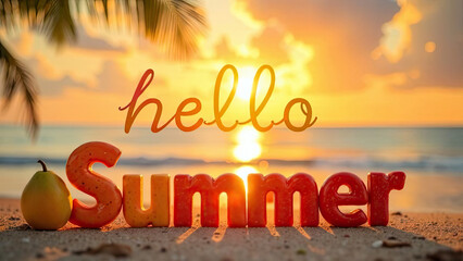 HELLO SUMMER fruit text on the beach background. Tourism concept. Summer sale horizontal promotional web banner, flyer, poster, greeting. Summer sale promotion banner.