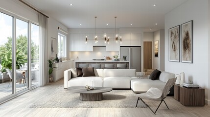 Modern Living Room with Patio: A bright, airy living room with a minimalist design features a plush white sectional sofa, a stylish coffee table, and a spacious patio with sliding glass doors.