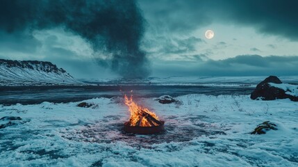 Campfire on snowy landscape at night under a full moon.