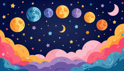 Colorful moon phases illustration among playful clouds, celestial art