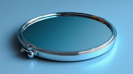 Silver compact mirror on light blue surface, reflection, empty background