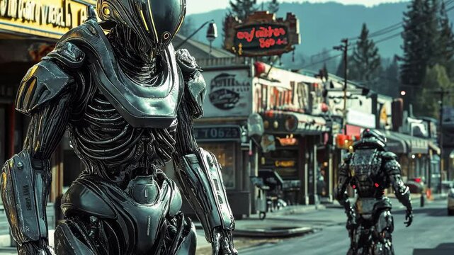 Alien invaders in armor patrol small town street under clear skies, Alien invaders in armor standing in small town street