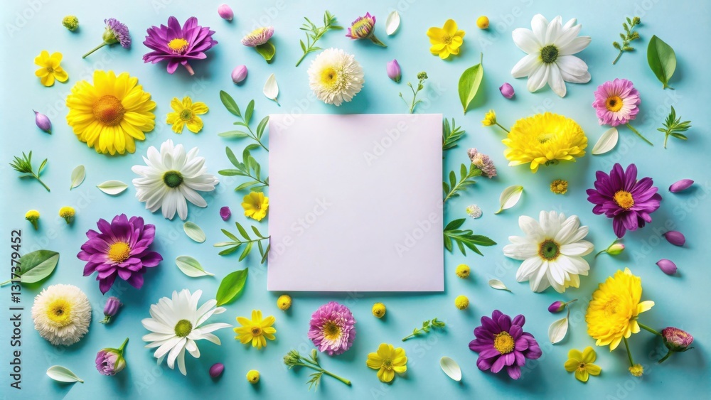 Poster A vibrant display of colorful spring blooms, with delicate petals arranged around a blank canvas, offering a blank space for your message or design.