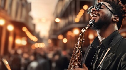 Fototapeta premium A joyful Black musician plays saxophone in a city at night.
