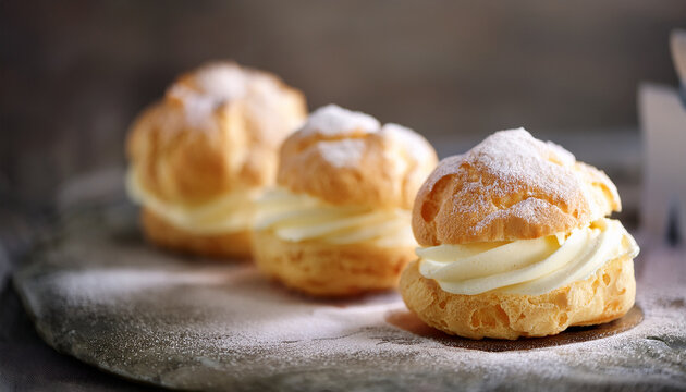 Fluffy and golden cream puffs with rich vanilla custard. Decadent Italian pastry. Sweet dessert.