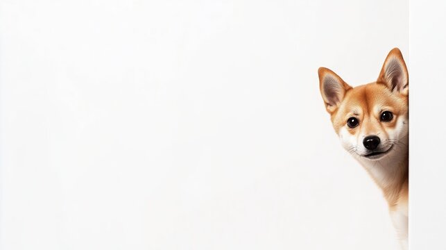 Cute dog peeking around a corner The dog has a soft coat of brown and orange fur This adorable canine is set against a plain
