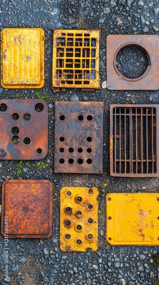 Poster collection of rusty and yellow metal plates arranged on a dark gray asphalt surface. various shapes 