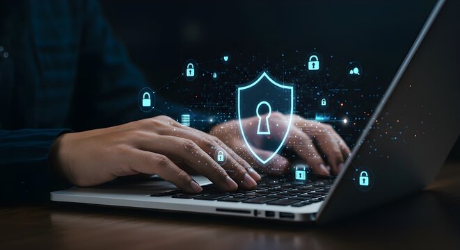 Presione la tecla enter en el teclado de la computadora Escudo cibern&eacute;tico Bloqueo de teclas Sistema de seguridad Tecnolog&iacute;a abstracta Enlace digital Seguridad cibern&eacute;tica en alta tecnolog&iacute;a Fondo azu