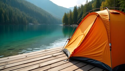 A photograph of a bright orange tent pitched on a wooden dock, with a calm, turquoise lake in the background