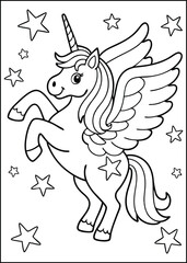 Black and white printable Unicorn coloring pages for kids. Children's coloring books with cute unicorn cartoon character, fun and educational materials for kindergarten.
