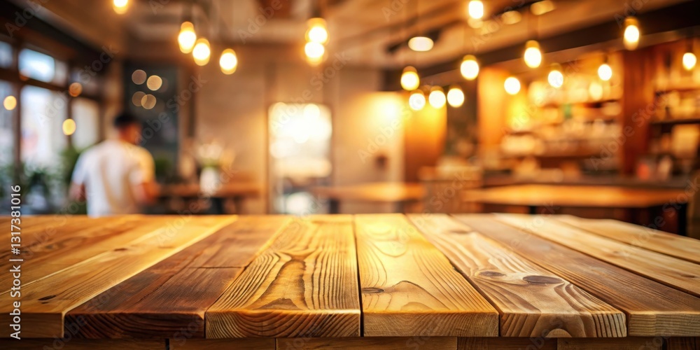 Poster close-up of a wooden table in a warmly lit cafe setting, with a blurry background of rustic decor an