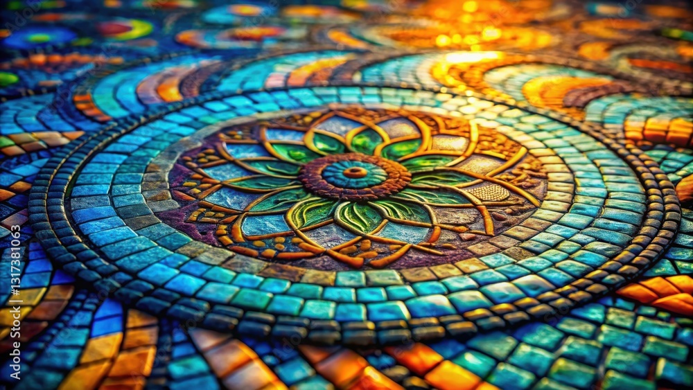 Poster A Close-Up View of a Colorful Mosaic Pattern Featuring a Detailed Flower Design, Showcasing the Intricate Workmanship of the Tile Artist