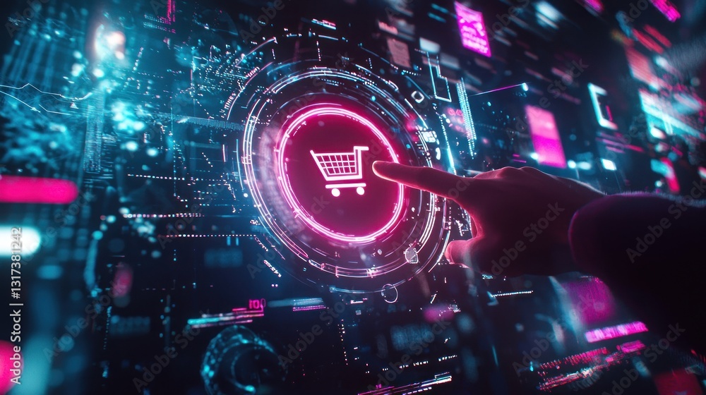 Poster hand interacting with a shopping cart icon on a futuristic interface.