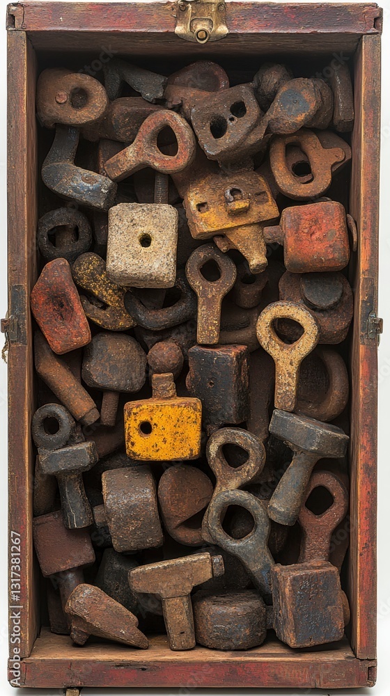 Poster collection of rusty metal objects in a wooden box. various shapes, sizes, and colors of rust are vis