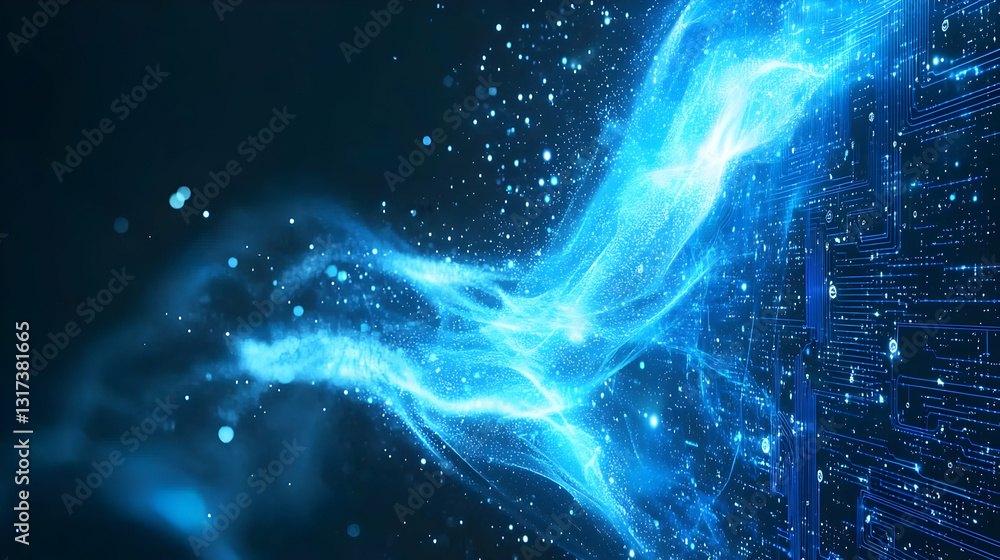 Poster abstract blue data stream with glowing particles on dark background digital technology visualization