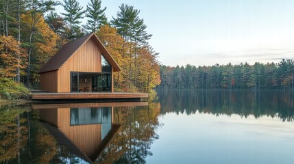 Obraz premium Lake House Oasis: An architectural marvel, this lake house perfectly blends modern design with its serene natural surroundings, its reflection mirroring in the calm waters.