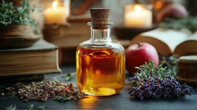 Herbal bottles cozy still life apple cider vinegar