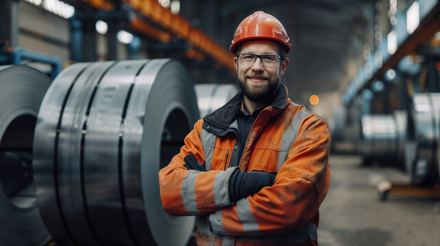 Heavy industry engineer smiling with crossed arms in steel coil warehouse
