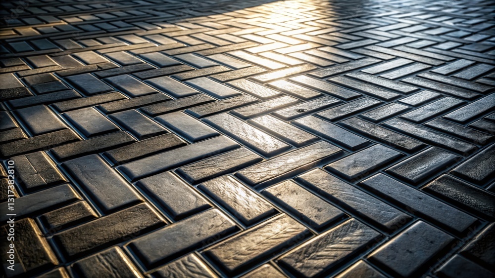 Poster a close-up view of a herringbone brick pattern sidewalk, the bricks catching the sunlight, creating 