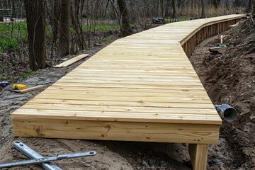 Fototapeta premium Wooden boardwalk winding through a forest. Natural setting