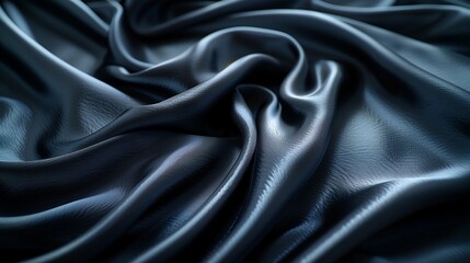 Fototapeta premium A rich dark blue fabric with deep folds and glossy texture reflecting light in a dramatic and luxurious manner