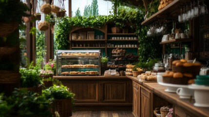 Fototapeta premium Pastries and baked goods displayed in a charming bakery with lush greenery.
