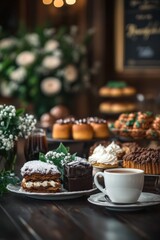 Delicious pastries and a cup of coffee on a dark wood table.