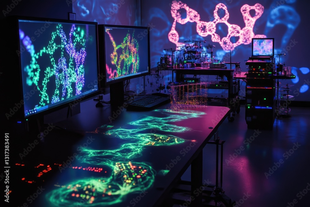 Poster high-tech lab displays vibrant molecular images. detailed visualizations on multiple monitors, illum