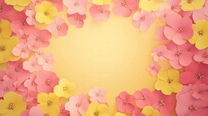 Floral Frame of Delight: A charming arrangement of delicate pink and yellow paper flowers elegantly frames an empty center space. Radiating a sense of joy.