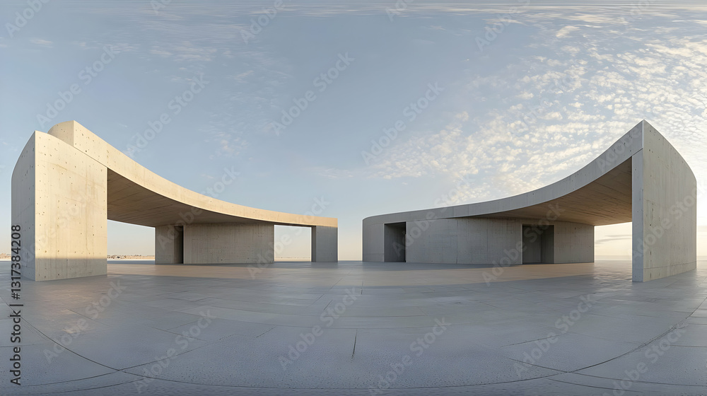 Poster 3d render of modern minimalist concrete structures under cloudy sky on a concrete surface