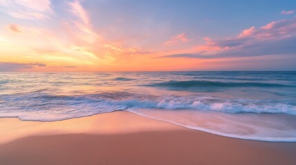 Obraz premium Pastel Dreams: Serene Beach at Sunset with Soft Light, Calming Ocean Waves, and Pink Hues for Relaxing Vacation Inspiration.