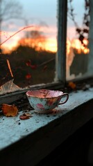 Abandoned teacup, sunset view, old window